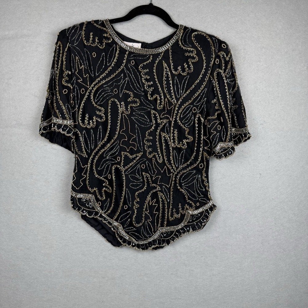 Vtg Lawrence Kazar Sequined Beaded Glam Statement Art Deco Top Shoulder Pads Lg